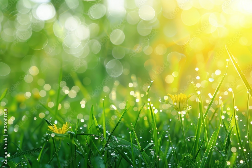 Fresh Spring Meadow with Dew and Sun Flare