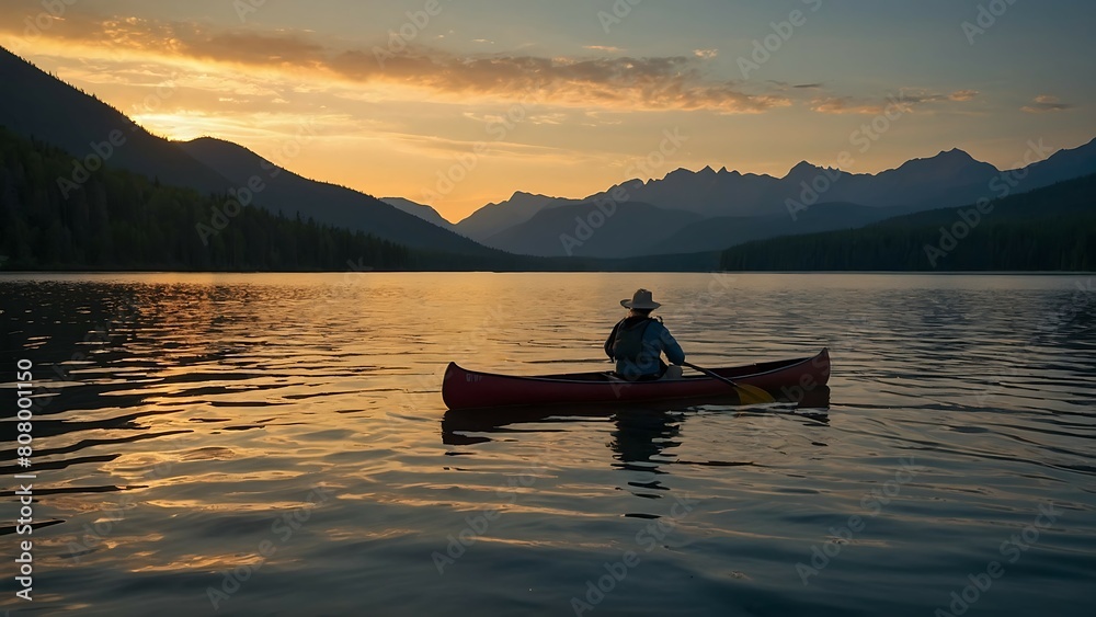 Kayak on the lake at sunset