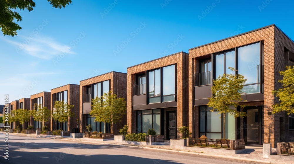 A row of modern modular beige brick townhouses featuring clean, minimalist lines and larg