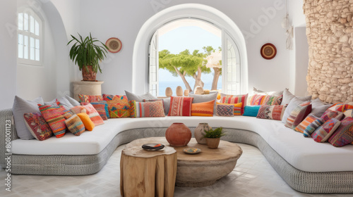 Vibrant Ibiza-style villa living room featuring whitewashed walls, colorful mosaic tiles interior design © HappyTime 17