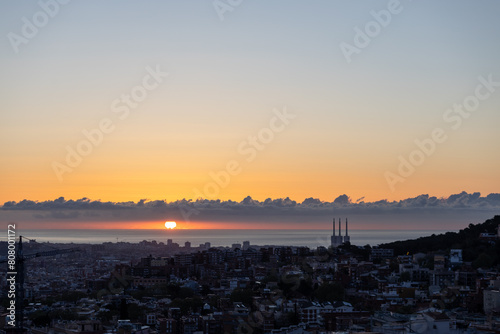 dawn, colored sky, morning city, mountains, houses
