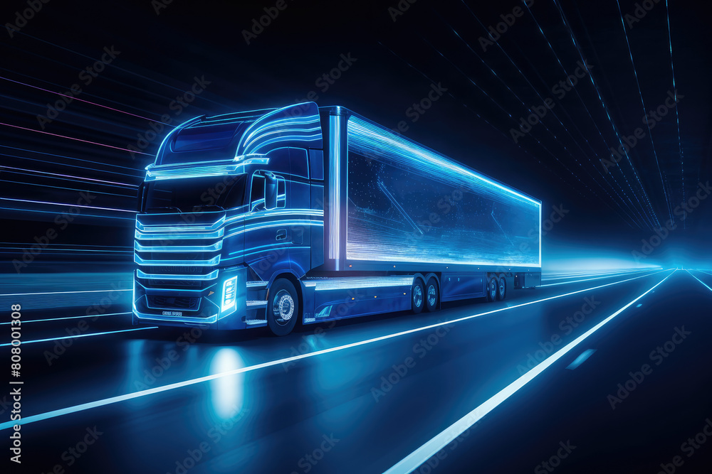 Futuristic Semi Truck Speeding on Highway at Night