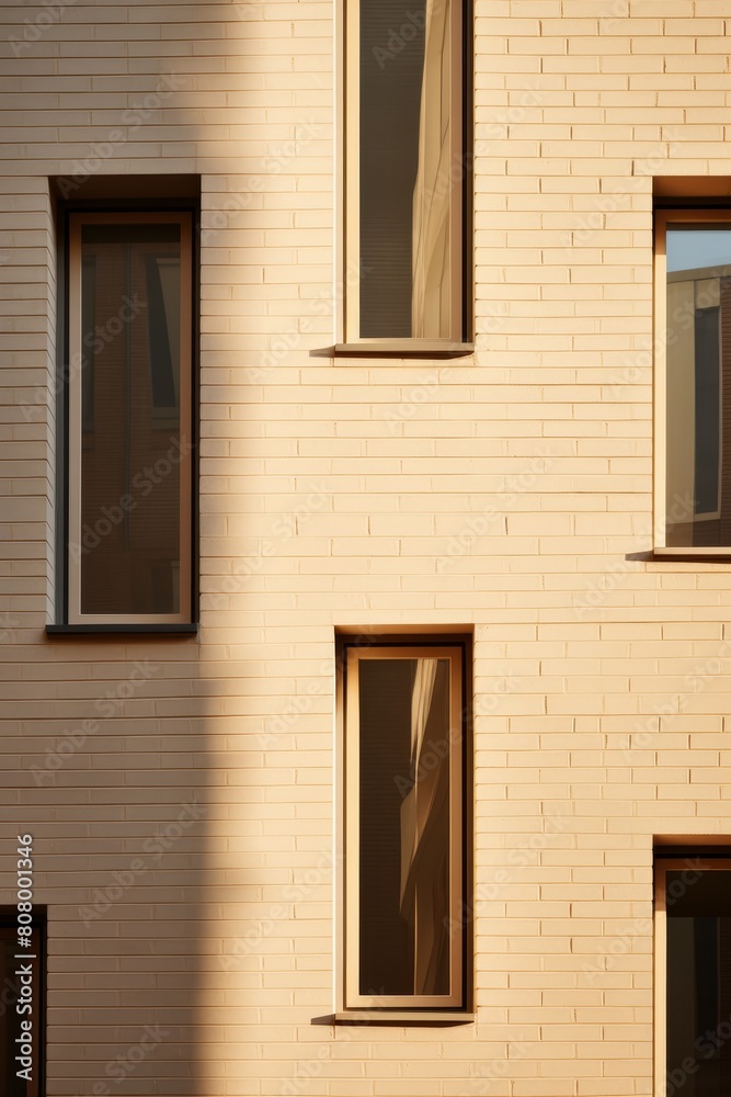Close-up of a beige brick townhouse corner with contrasting dark window frames and sleek, geometric design Close-up of a beige brick townhouse corner with contrasting dark window frames and sleek, geometric design
