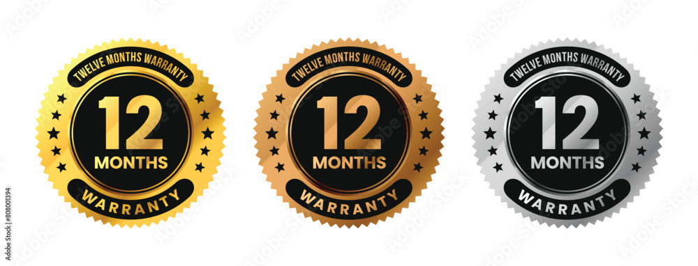 Label 12 Months warranty in gold, silver, bronze premium luxury design. Twelve months warranty. Vector Illustration