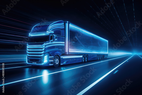 Futuristic Semi Truck Speeding on Highway at Night