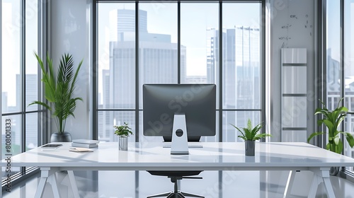 Illustrate the efficiency of a virtual assistant seamlessly assisting customers, amidst a backdrop of minimalist office decor