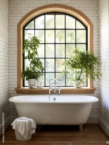 Contemporary farmhouse bathroom with freestanding tub  subway tiles  and antique wooden vanity