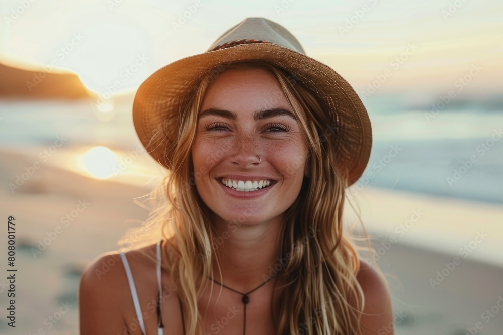 Serene Beachside Moments with Smiling Young Woman
