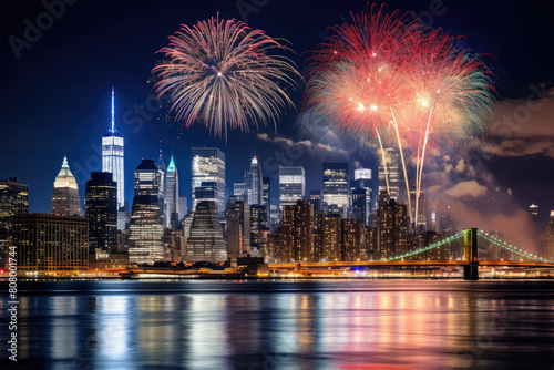 Fireworks Display Over A Metropolitan Skyline At Night