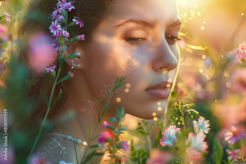 Artistic Summer Portrait with Flowers and Sunlight Kisses