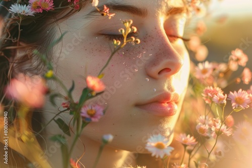 Artistic Summer Portrait with Flowers and Sunlight Kisses