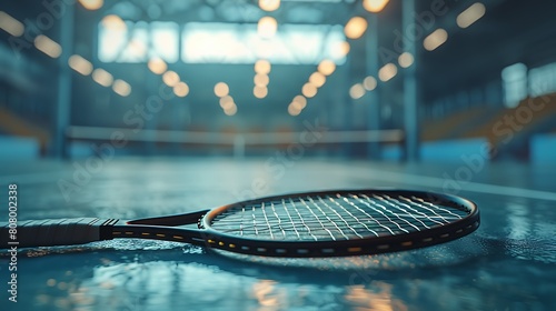 A closeup of Badminton racket, against Court as background, hyperrealistic sports accessory photography, copy space photo