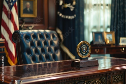 Blue Seal of Authority on Presidential Desk photo