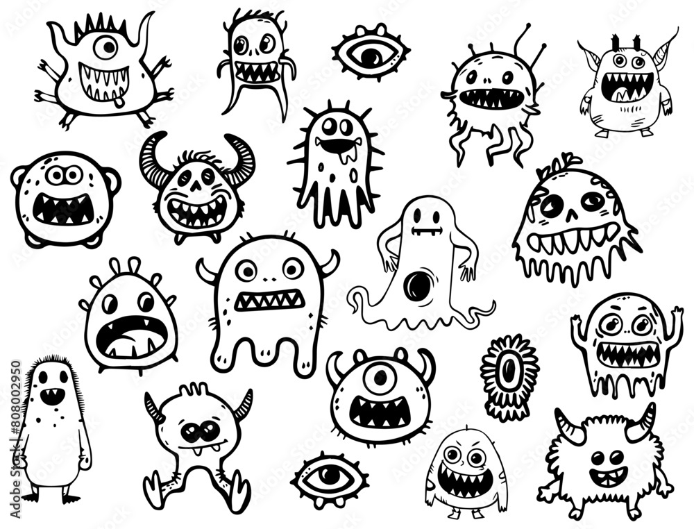 black line of doodle cute monsters. black line of doodle cute monsters.