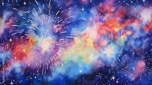 A dynamic watercolor background, with splashes resembling fireworks in a night sky