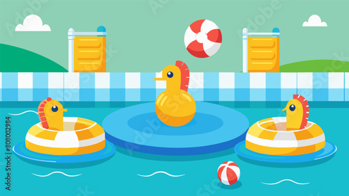 Inflatable pool toys serve as temporary obstacles as teams battle it out in the pool for the water basketball championship.. Vector illustration
