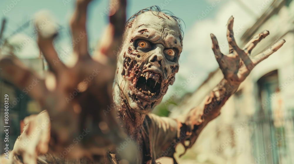 A zombie with a bloody face and hands reaching out, AI