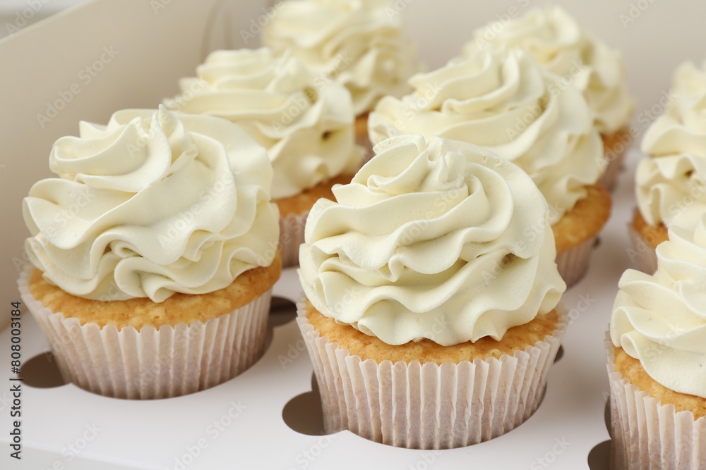 Tasty cupcakes with vanilla cream in box, closeup Tasty cupcakes with vanilla cream in box, closeup