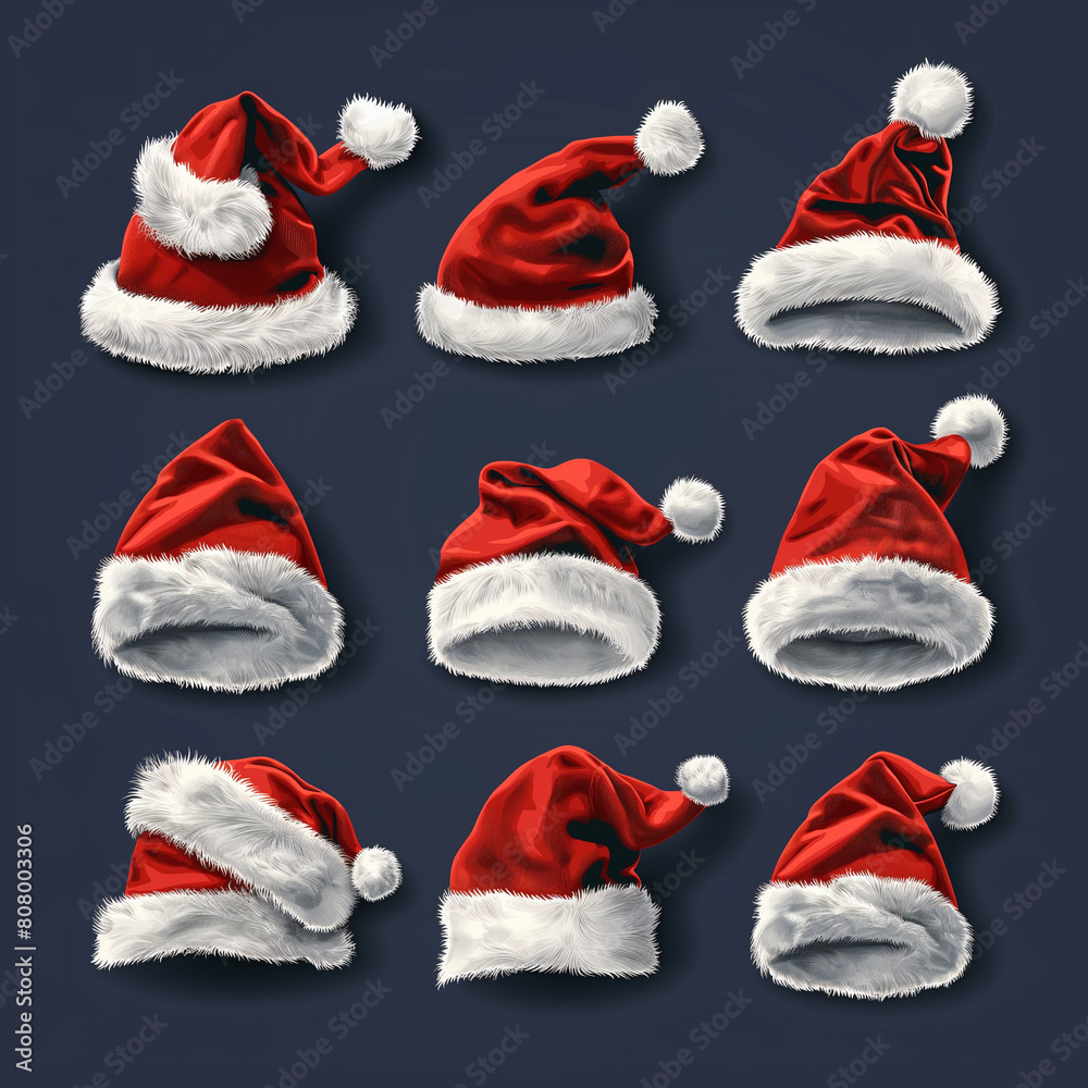 A collection of red and white Santa hats A collection of red and white Santa hats