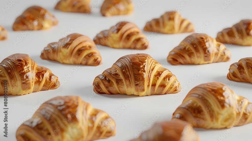 Freshly Baked Golden Croissants with Delicate Flaky Texture on Plain White Background