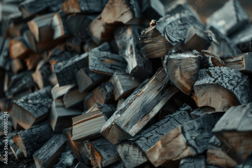 Stack of firewood creating cinematic atmosphere. Cozy setting for autumn warmth. AI generative creativity.