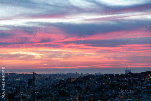 dawn, colored sky, morning city, mountains, houses