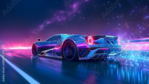 Celestial-Inspired Wireframe of a Sport Car in Blue and Purple Hues. Concept Automotive Design  Celestial Theme  Wireframe Modeling  Blue and Purple Color Palette  Unique Concept