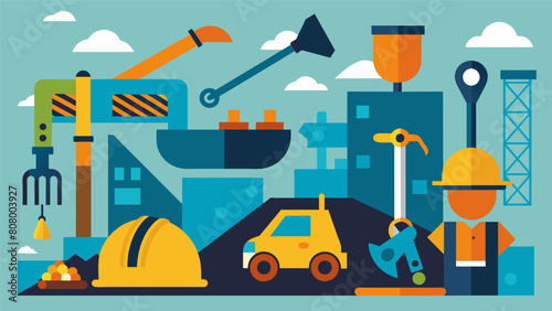 Tools and equipment from different eras lay side by side at a construction site as both archaeologists and builders work together to uncover each new. Vector illustration