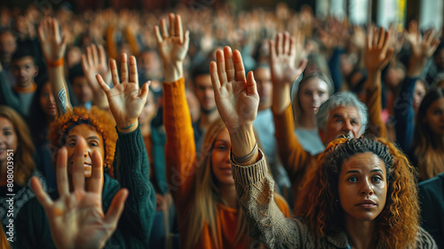 Large Group of People With Hands Raised