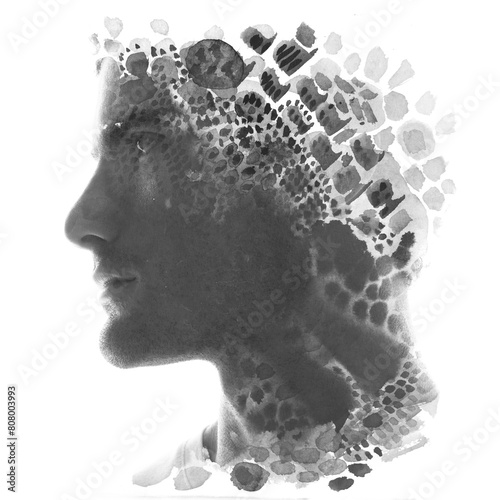 A creative black and white profile silhouette paintography portrait of a man