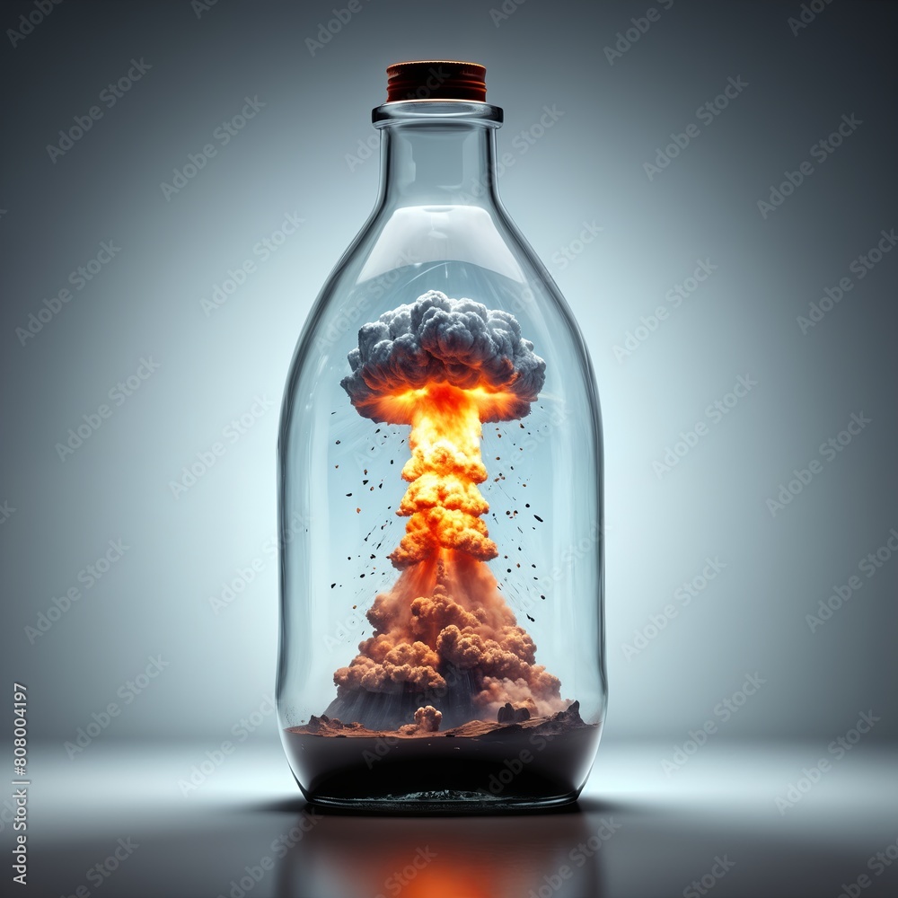 bottle with a cork top contains smoke and fire, resembling an atomic explosion. bottle with a cork top contains smoke and fire, resembling an atomic explosion.