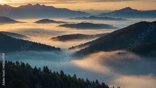 Mountain landscape with misty fog at sunset. 