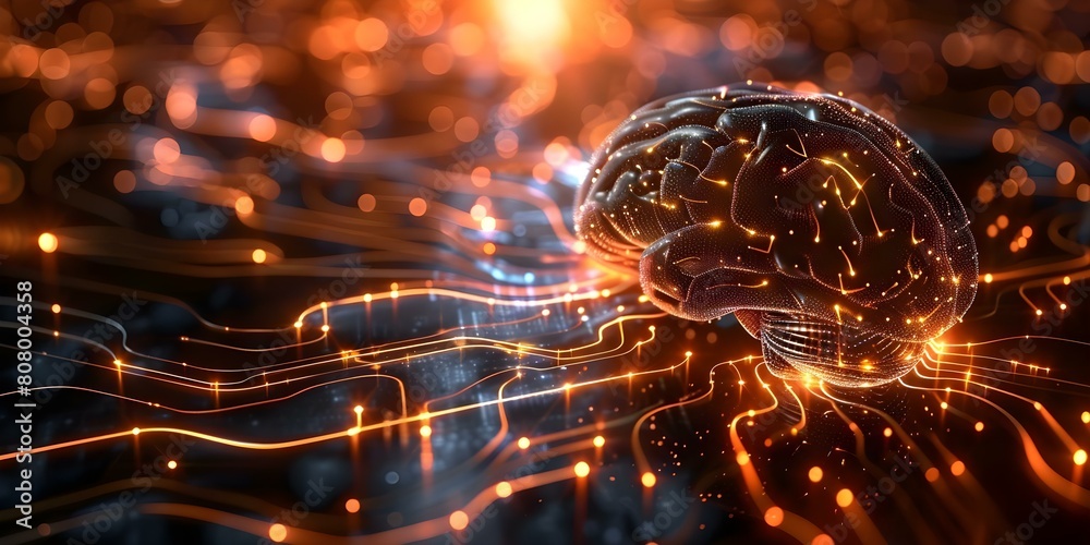Brain illustrating intelligent processing via neural network circuit in AI stock image. Concept Stock Image Topics, Brain, Neural Network, AI, Intelligent Processing, Circuit Illustration