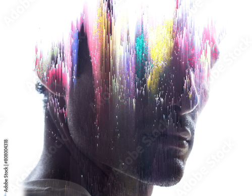 A double exposure glitch half profile portrait of a man