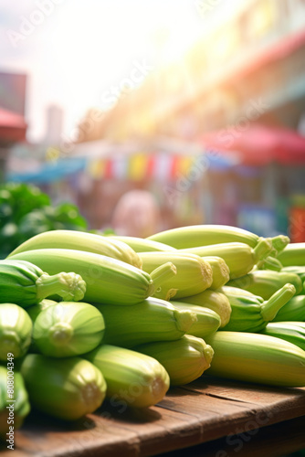 Fresh Green Marrows Laid Out Under Sunlight at a Street Market with Festive Banners in Background