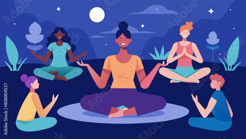 The peaceful energy of quiet disco yoga is palpable as participants engage in a collective practice that empowers and rejuvenates.. Vector illustration
