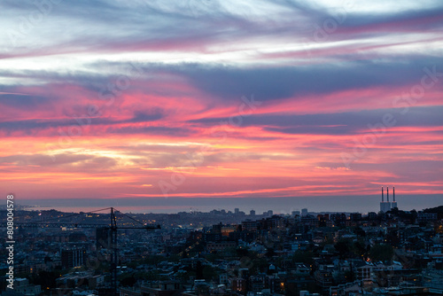 dawn, colored sky, morning city, mountains, houses