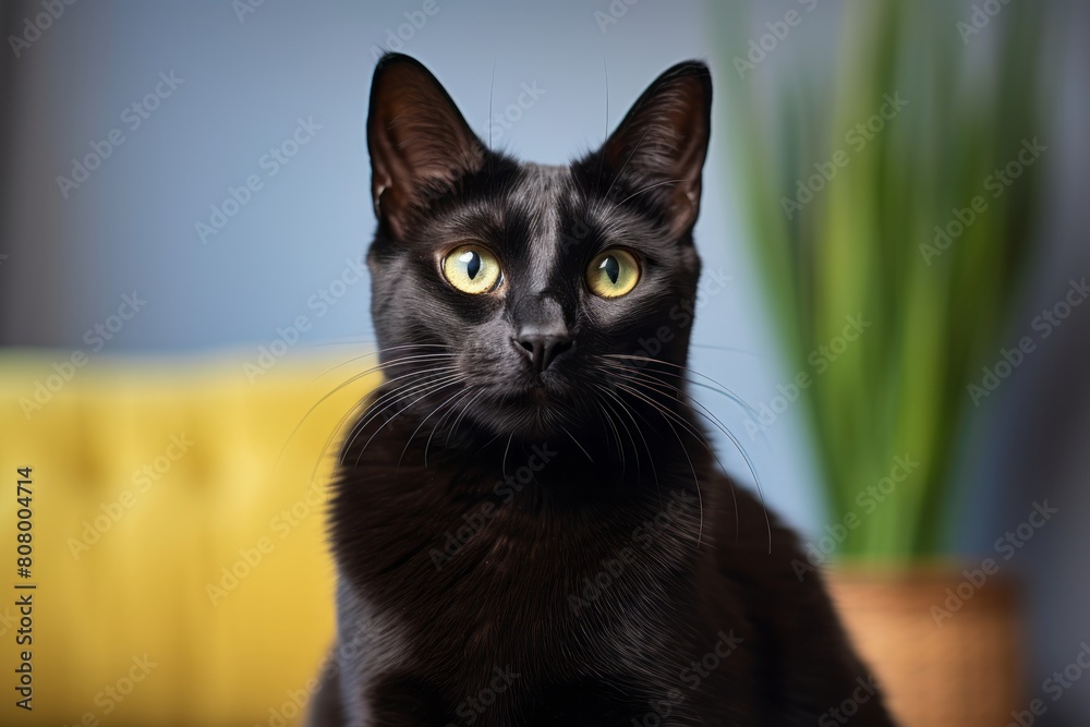 Group portrait photography of a curious bombay cat staring while standing against cozy living room background