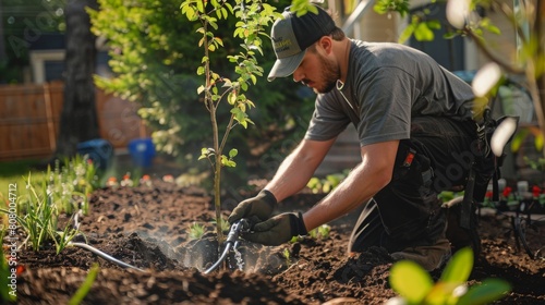 A landscaper installing an irrigation system to efficiently water newly planted trees