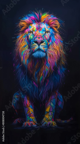 A colorful lion is the main subject of this image