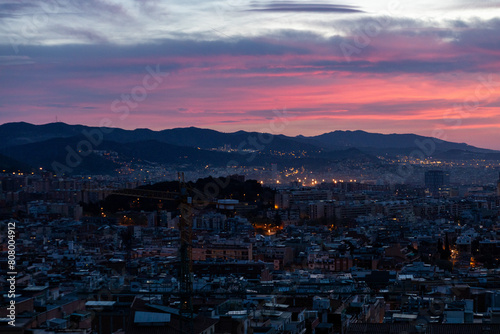 dawn, colored sky, morning city, mountains, houses