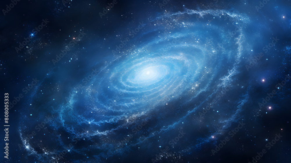 Fototapeta premium Digital galaxy in blue with stars and spirals in space graphic poster web page PPT background
