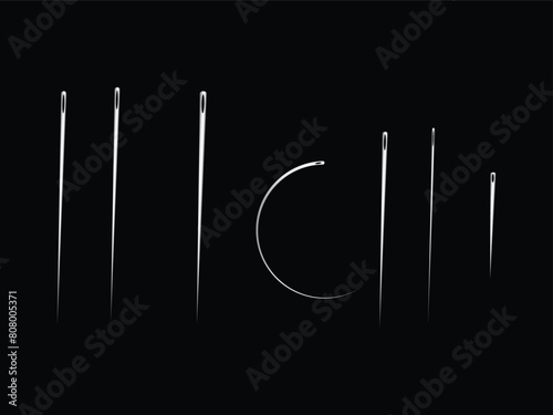 Surgical needles set. Surgical needles set and attached suture material. Cartoon style. Vector illustration isolated on black background. 