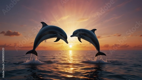 Dolphins jumping out of the water at sunset. 