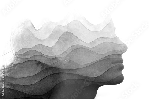 A woman's profile disappearing into a wavy gradient pattern in paintography