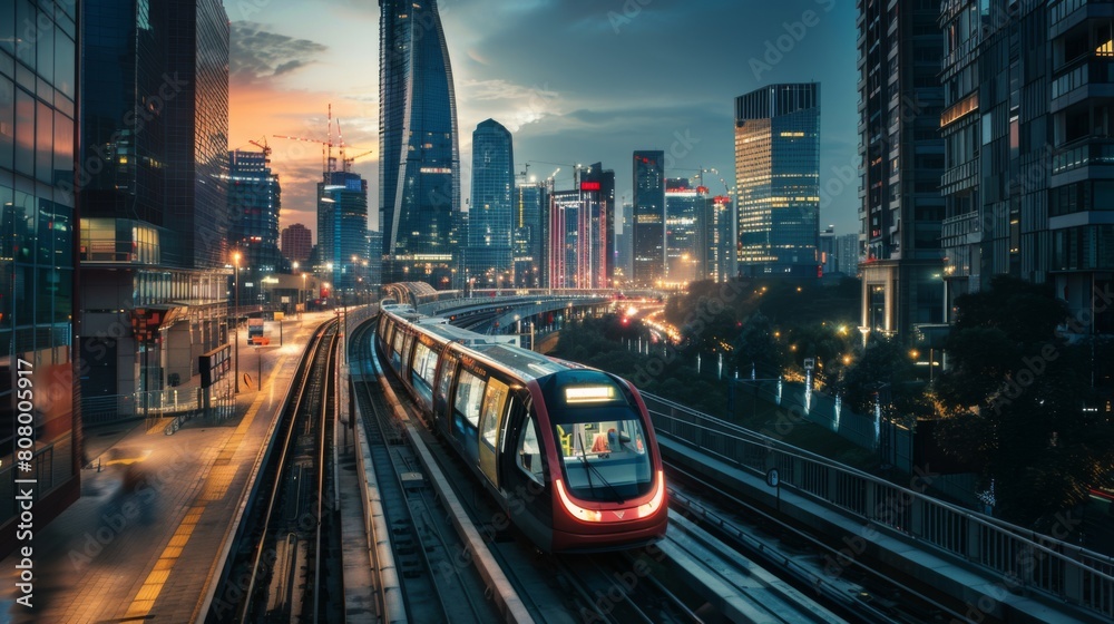 Fototapeta premium A light rail transit system winding through a modern cityscape, urban mobility solution