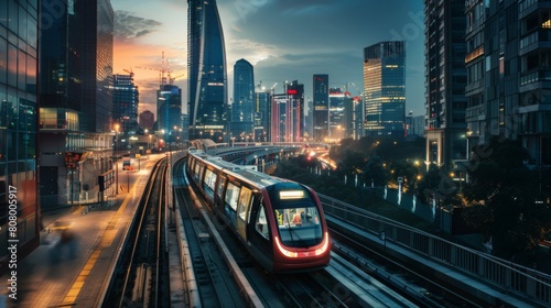 A light rail transit system winding through a modern cityscape, urban mobility solution