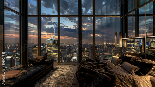 A penthouse bedroom at the pinnacle of urban sophistication, featuring a wall-to-wall, floor-to-ceiling glass window that offers an unobstructed view of the city's nocturnal majesty. photo
