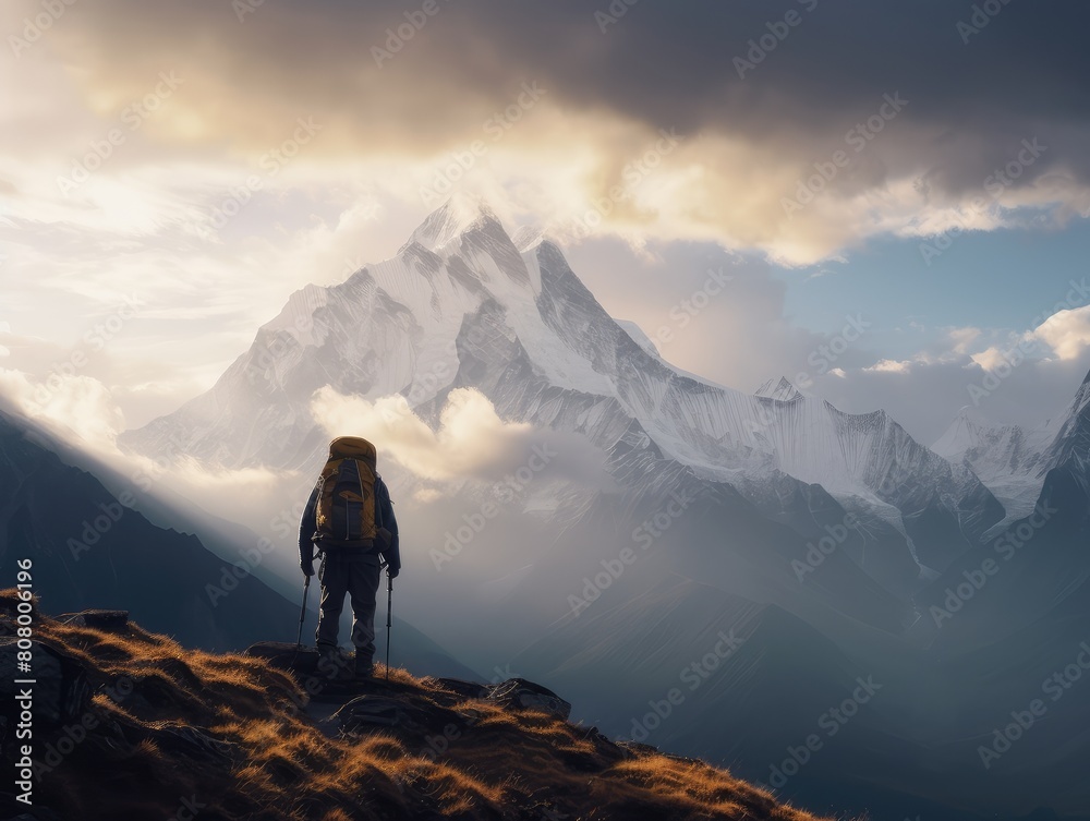 Solo Hiker Looking at Mountain at Sunset