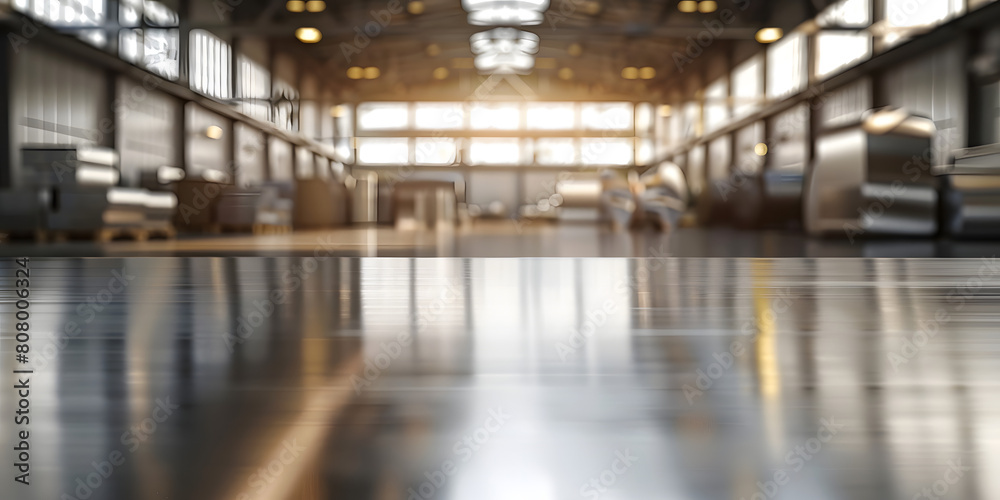 Shiny metal surface with a blurred industrial setting in the background, suitable for hardware tools or mechanical product displays